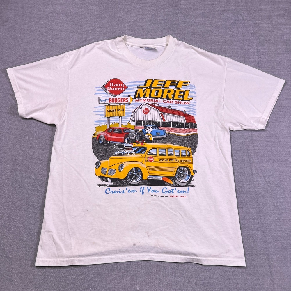 Vintage Hanes Jeff Morel Car Show Graphic Mens White Heavyweight T-Shirt Size L